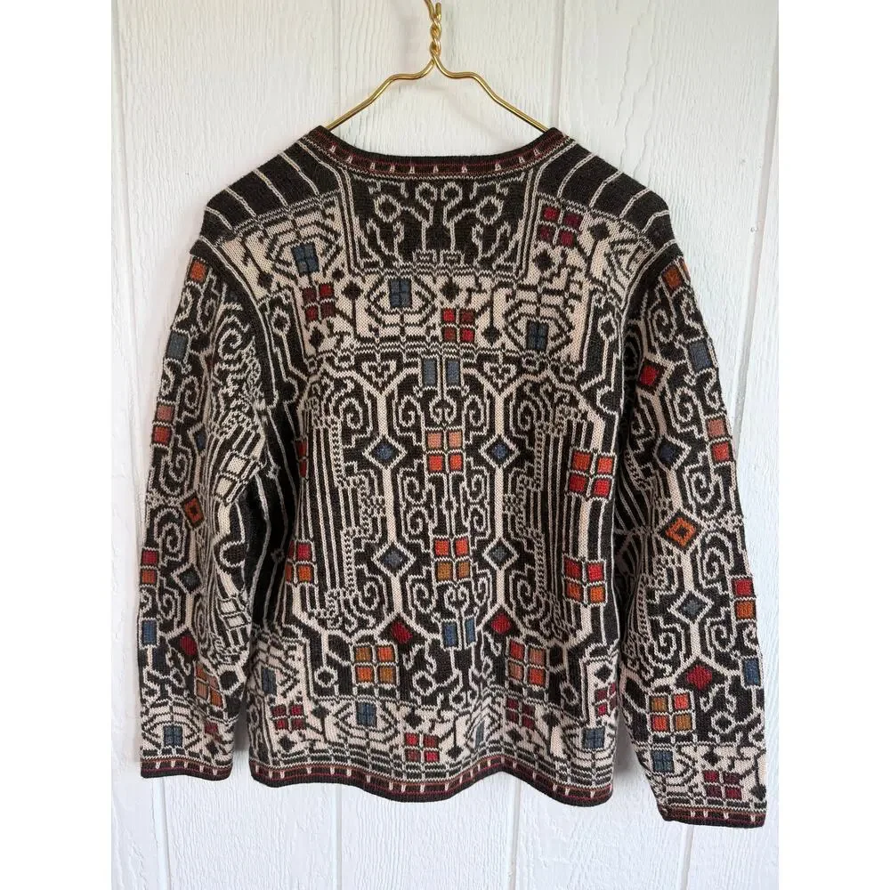 Vintage Intiwara Alpaca Wool Handmade Cardigan Sweater Print Large
